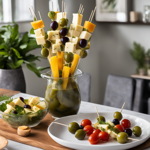 Marinierte Oliven- und Käsespieße